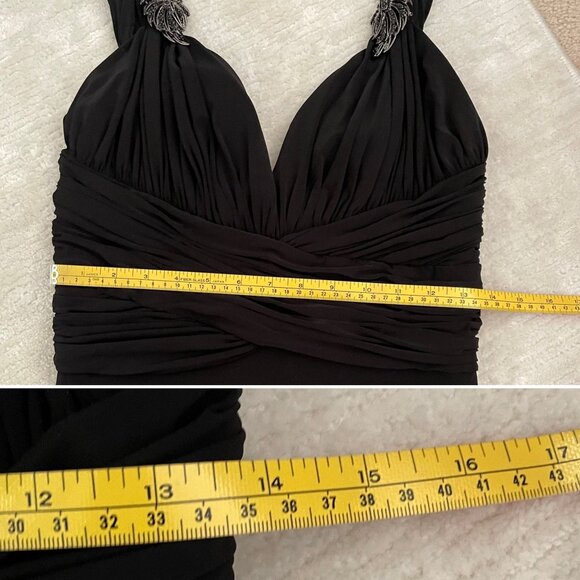 Elegant JS Boutique Black Evening Gown Size 8 w/Train and Jeweled Pins on Straps - Picture 7 of 10